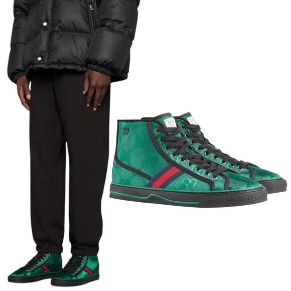Gucci Off the Grid High Top Sneakers 1977 Tennis Shoes Green Men Size 8/ 8.5 - Picture 1 of 15